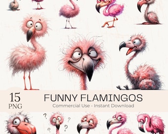 Watercolor Flamingo Clipart PNG Bundle: Funny Tropical Bird Images (Digital Download, Commercial Use)