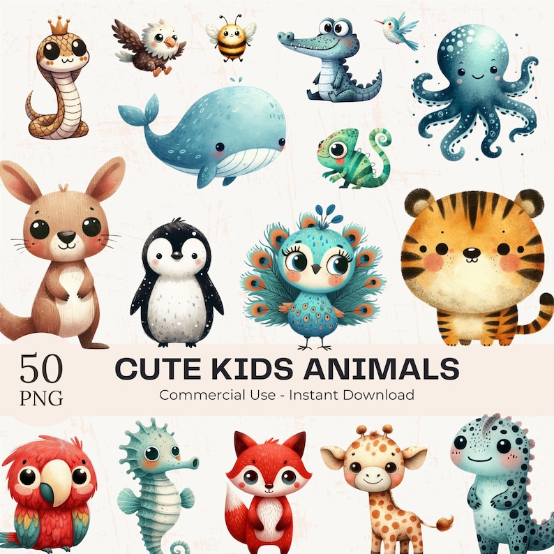 50 Kids Animals Clipart Bundle: Watercolor Nursery Kawaii Baby Animal ...