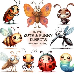 Clipart PNG d'insectes drôles mignons - Aquarelle abeille, papillon, moustique, mouche | Images d'insectes originaux, téléchargement numérique, usage commercial