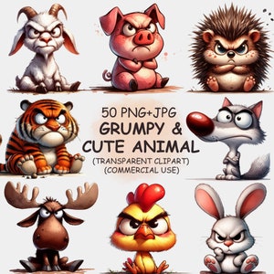 Paquete de imágenes prediseñadas de animales bebés gruñones y lindos (en formato PNG y JPG): 50 imágenes prediseñadas de animales salvajes enojados en acuarela. Descarga digital con uso comercial.