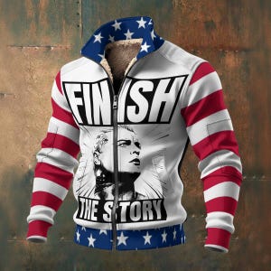 May include: White zip-up jacket with red and white striped sleeves and a blue collar with white stars. The jacket features the text "FINISH THE STORY" and a black and white portrait.