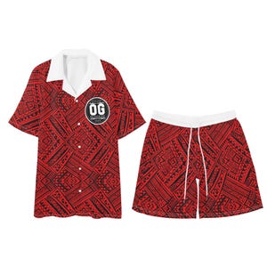 May include: Red and black patterned shirt and shorts set with a white collar and a black circle logo that says "OG BLOODQUEEN YEE7".