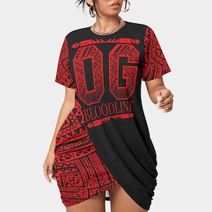 May include: Black and red graphic print dress with the text "OG BLOODLINE". The dress features a short-sleeve design with a draped skirt. The red print includes tribal patterns and the number "06".
