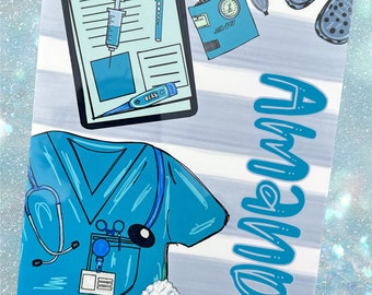 May include: A blue and white clipboard with a nurse's scrubs, medical equipment, and a Starbucks coffee cup. The text "remarkable" is written in blue on the clipboard.