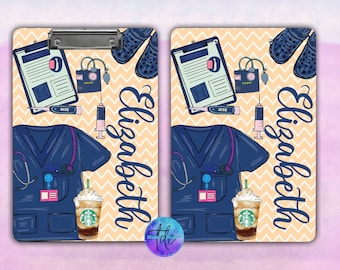 May include: Two clipboard designs with a light orange background and a chevron pattern. The design features a blue scrub top, a stethoscope, a syringe, a thermometer, a medical bag, a coffee cup, and the name "Elizabeth".