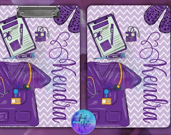 May include: Purple and white clipboard with a chevron pattern. The clipboard has a medical scrub top, a stethoscope, a pair of scissors, a blood pressure cuff, a thermometer, and the name "Kendra" written on it.