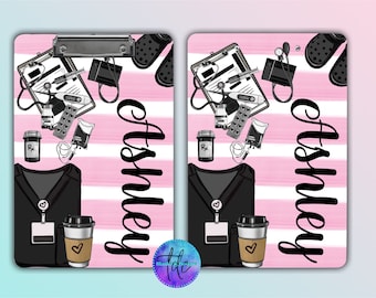 May include: A pink and white striped clipboard with a black and white illustration of medical supplies and the name "Ashley" written in black.