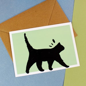 Carte A6 illustrée : chat noir fond vert - print silhouette chat mignon