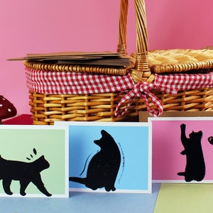 Lot de 3 cartes postales A6 - Illustrations chat noir - cadeau carte illustrée chat