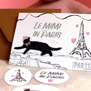 Carte postale vintage de Paris avec illustration de chat noir + marque-page inclus | Option stickers - Cadeau  pour les amoureux des chats