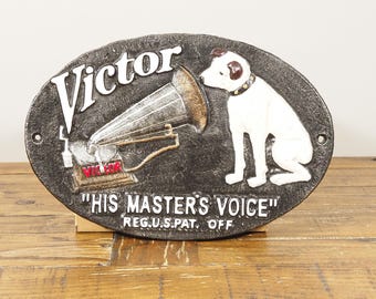 Cast Iron Wall Plaque – “His Master’s Voice” Gramophone Dog – Hand-Painted Retro Music Room Sign
