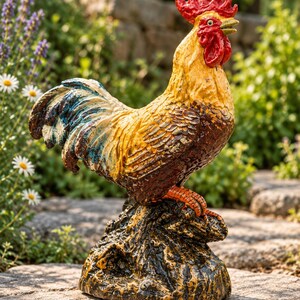 May include: A decorative rooster figurine featuring a vibrant red comb and wattle, a yellow neck, and brown and blue-tinted plumage. The bird stands atop a textured, dark-colored base, showcasing detailed feather carvings and a realistic posture.