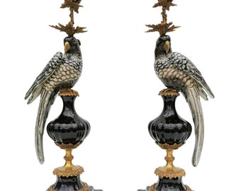 Exotic Parrot Candle Holders with Bronze Mounting - Set of 2