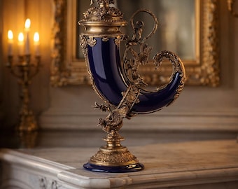 Royal Porcelain & Bronze Cornucopia Vase with Mythical Creatures Lidded Horn of Abundance – Majestic Antique-Style Centerpiece