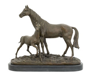 Graceful Mare and Foal: Large Bronze Horse Sculpture on Marble Base