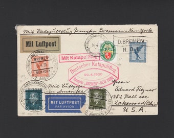 Vintage-Briefmarken zum Gedenken an den deutschen Katapultflug vom 29. April 1930 an Bord der SS Bremen von Deutschland nach New York