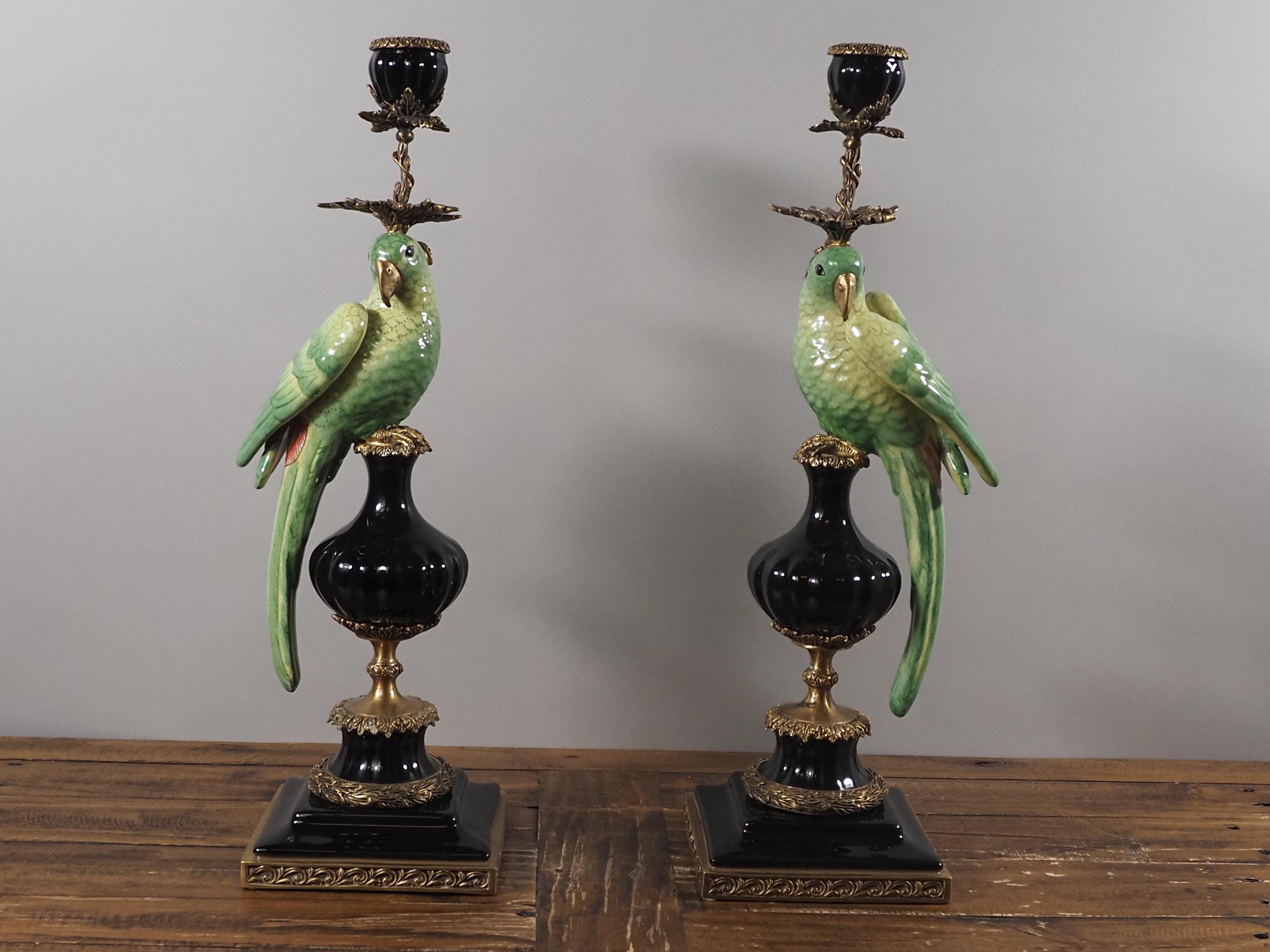 Exquisite Bronze-Mounted Porcelain Parrot Candle Holders