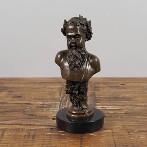 Bronze Bacchus Bust Statue – Roman God Wine Sculpture on Marble Base – Classical Mythology Decor – Antique Style Home Gift