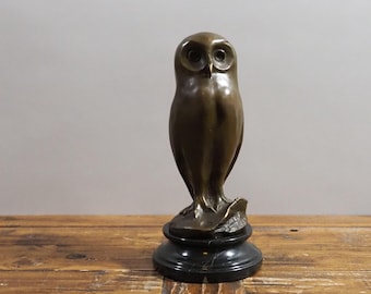 Elegant Bronze Owl Sculpture: Majestic Wildlife Art, Signed by Milo - Handcrafted Statue on Marble Base