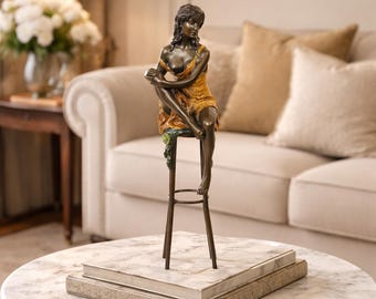 Sensual Bronze Sculpture – Seductive Lady on a Stool