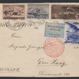 Sellos postales rusos antiguos: Carta aérea de 1934 desde Rusia a través de Berlín a Holanda