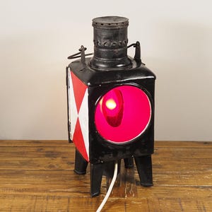 Vintage German Railway Signal Lantern – Industrial Outdoor Lamp with Red Glass, Fully Working, c.1930