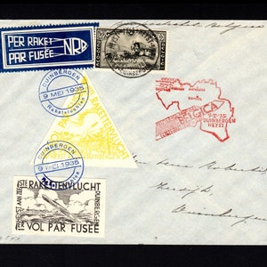 Sellos postales belgas 1935 - Cartas de correo cohete BELGICA con sellos E 7 + E 9, sobre raro.