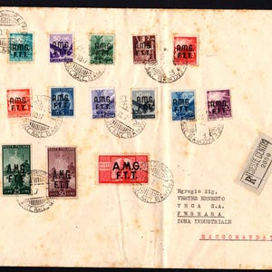 Sobre italiano original de 1947 con A.M.G. - F.T.T. Sellos: pieza de colección histórica rara, sellos postales italianos.