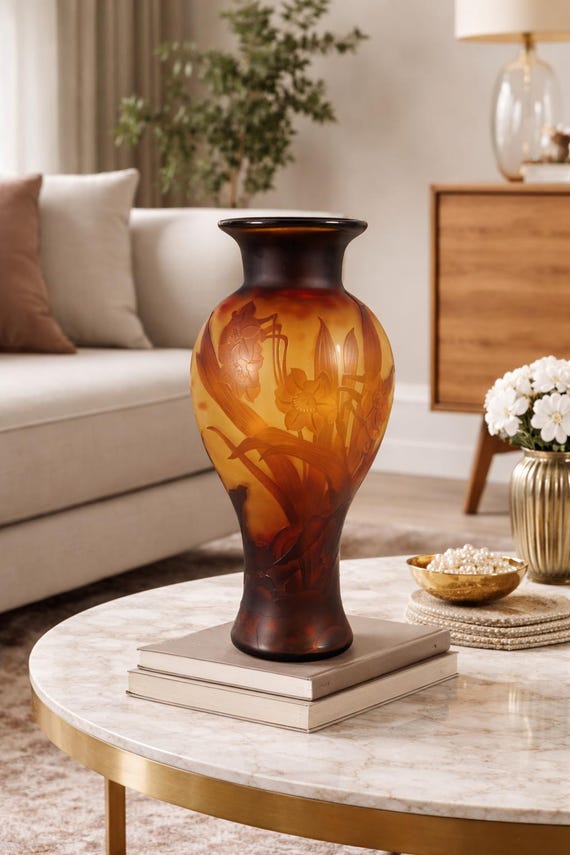 Vintage Art Nouveau Cameo Glass Baluster Vase “Daffodil” – Gallé Style Hand-Etched Statement Vase