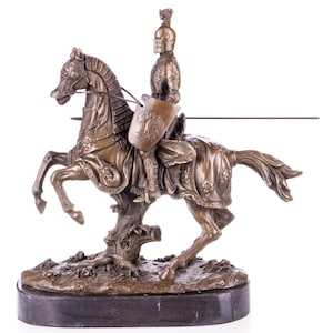 Medieval Bronze Knight Figurine: Horseback Warrior Statue, Antique Inspired Historical Collectible Art
