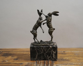 Graceful Bronze Boxing Hares Sculpture
