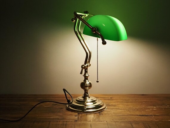 LAMPE DE BANQUIER Bureau Table Vieux Laiton Verre Vert Réglable en