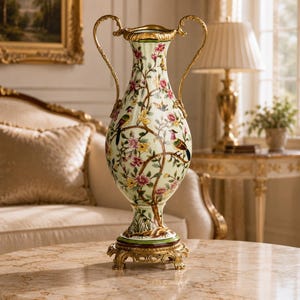 Può includere: Un vaso alto in ceramica verde pallido con un disegno dipinto di uccelli colorati appollaiati su rami fioriti. Il vaso presenta due manici ornamentali in metallo dorato e poggia su una base decorativa in metallo dorato con quattro piedini.