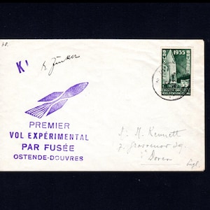Raro francobollo postale belga del 1935 con razzo firmato da Zucker - Oggetto da collezione postale aeronautico d'epoca