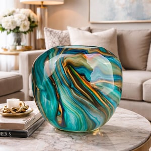 Könnte beinhalten: Eine große, runde dekorative Glasvase mit einem Wirbelmuster aus Türkis, Blau und Gold. Die Vase steht auf einem Couchtisch mit Marmorplatte und einem goldfarbenen Metallsockel. Der Hintergrund umfasst ein Sofa und eine Lampe.