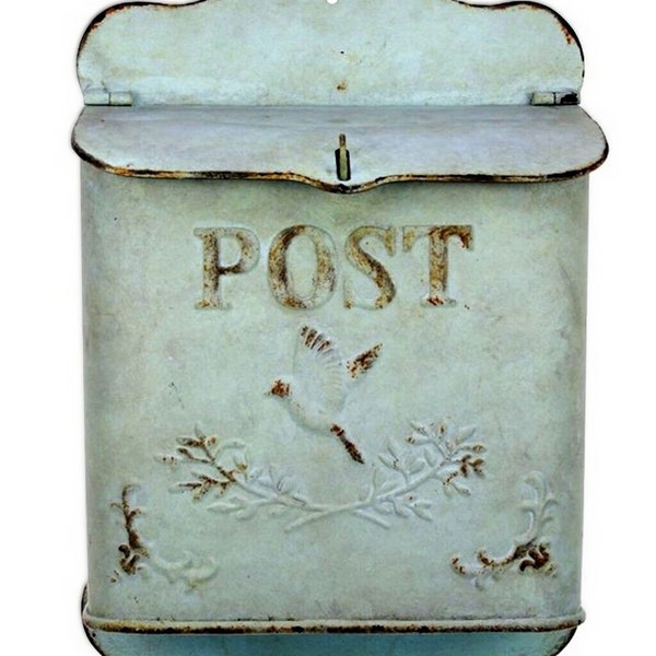 Charmant, nostalgique, léger : boîte aux lettres antique rayée vert clair turquoise - boîte aux lettres style maison de campagne avec motif d'oiseaux