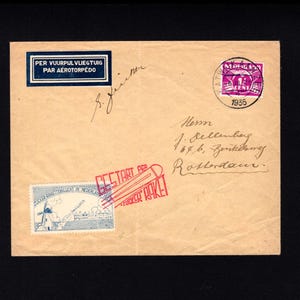Carta histórica del cohete Zucker de los Países Bajos de 1935 con firma original. Sellos postales de los Países Bajos