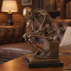 Vintage Bronze Thinker Skeleton Sculpture — Gothic Intellectual Art Figurine