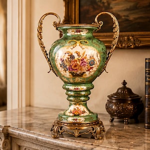 Puede incluir: Un jarrón de cerámica verde con dos asas de metal dorado ornamentadas y una base a juego. El jarrón presenta un panel central blanco decorado con un colorido ramo de flores, detalles en filigrana dorada y un borde acampanado con ribete dorado.