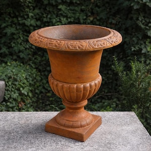 Puede incluir: Una urna de color terracota desgastada, con un borde decorativo y una base acanalada. La urna se asienta sobre un pedestal cuadrado, mostrando un diseño clásico. El fondo presenta un exuberante follaje verde.