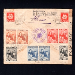 Carta censurada de Surinam de 1943 con sello especial 'CENSUUR SURINAME' y sellos postales originales