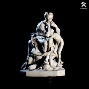 May include: A white marble sculpture of a man with a beard and four other figures. The man is seated and appears to be in deep thought. The other figures are standing or kneeling around him.