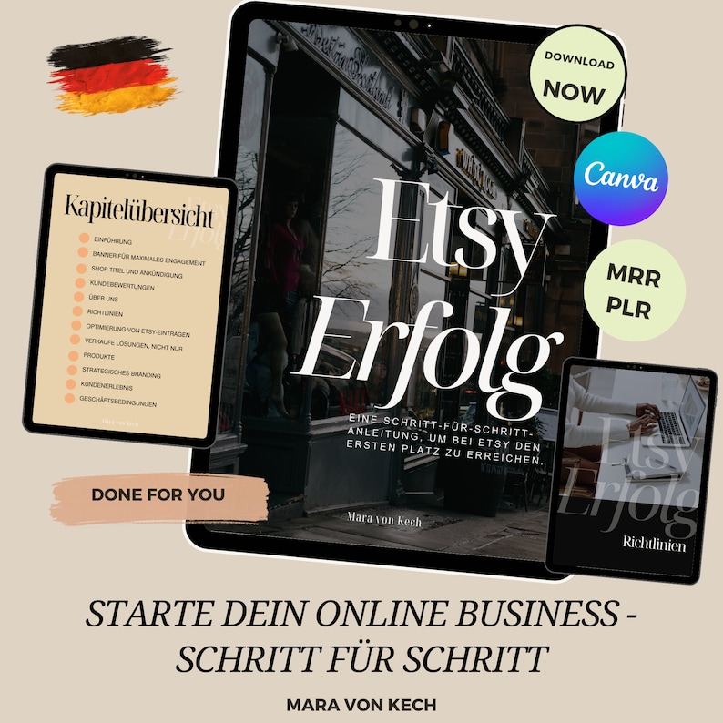 K&ouml;nnte beinhalten: Ein digitales Tablet zeigt ein Buchcover mit dem Titel "Etsy Erfolg: Eine Schritt-f&uuml;r-Schritt-Anleitung, um bei Etsy den ersten Platz zu erreichen." von Mara von Kech. Das Cover zeigt ein Foto einer Ladenfront mit dem Wort "Etsy" in gro&szlig;en Buchstaben. Das Buchcover ist in deutscher Sprache.
