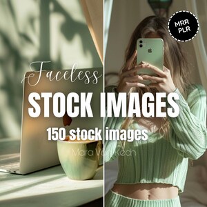 Könnte beinhalten: Werbebild für gesichtslose Stockbilder. Das Bild zeigt einen Laptop, eine Tasse und eine Person, die ein Telefon hält. Der Text auf dem Bild lautet "Faceless Stock Images" und "150 Stockbilder". Die Gesamtästhetik ist weich und hell.