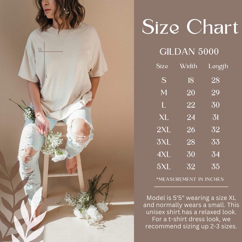 May include: A beige Gildan 5000 unisex t-shirt with a size chart. The chart lists sizes S to 5XL, with measurements in inches. The model is wearing an XL. The shirt has a relaxed fit. The image includes text.