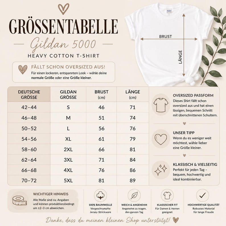 May include: A size chart for a Gildan 5000 heavy cotton t-shirt, featuring a white t-shirt graphic with chest and length measurement arrows. The chart lists German sizes 42-72 alongside Gildan sizes S-5XL with corresponding measurements in cm.