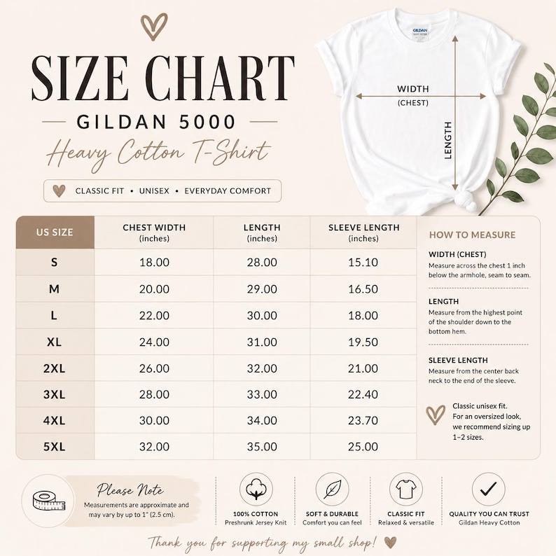 Op de afbeelding: Een maattabel voor het Gildan 5000 t-shirt van zwaar katoen met afmetingen in inches voor de maten S tot 5XL. De tabel bevat kolommen voor borstbreedte, lengte en mouwlengte, samen met een diagram dat laat zien hoe het kledingstuk te meten.