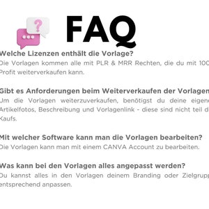 K&ouml;nnte beinhalten: FAQ-Bereich mit Fragen und Antworten zu Lizenzen, Anforderungen, Bearbeitungssoftware und Anpassungsm&ouml;glichkeiten f&uuml;r digitale Vorlagen. Der Text ist in deutscher Sprache.