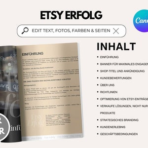 K&ouml;nnte beinhalten: Ein wei&szlig;es und beiges Dokument mit dem Titel "Etsy Erfolg" und einer Liste von Themen rund um den Erfolg des Etsy-Shops, darunter "Einf&uuml;hrung", "Banner f&uuml;r maximales Engagement", "Shop-Titel und Ank&uuml;ndigung", "Kundenbewertungen", "&Uuml;ber uns", "Richtlinien", "Optimierung von Etsy-Eintr&auml;gen", "Verkaufe L&ouml;sungen, nicht nur Produkte", "Strategisches Branding", "Kundenerlebnis" und "Gesch&auml;ftsbedingungen".