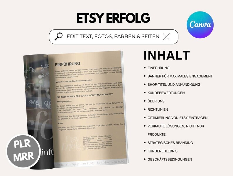 K&ouml;nnte beinhalten: Ein wei&szlig;es und beiges Dokument mit dem Titel "Etsy Erfolg" und einer Liste von Themen rund um den Erfolg des Etsy-Shops, darunter "Einf&uuml;hrung", "Banner f&uuml;r maximales Engagement", "Shop-Titel und Ank&uuml;ndigung", "Kundenbewertungen", "&Uuml;ber uns", "Richtlinien", "Optimierung von Etsy-Eintr&auml;gen", "Verkaufe L&ouml;sungen, nicht nur Produkte", "Strategisches Branding", "Kundenerlebnis" und "Gesch&auml;ftsbedingungen".